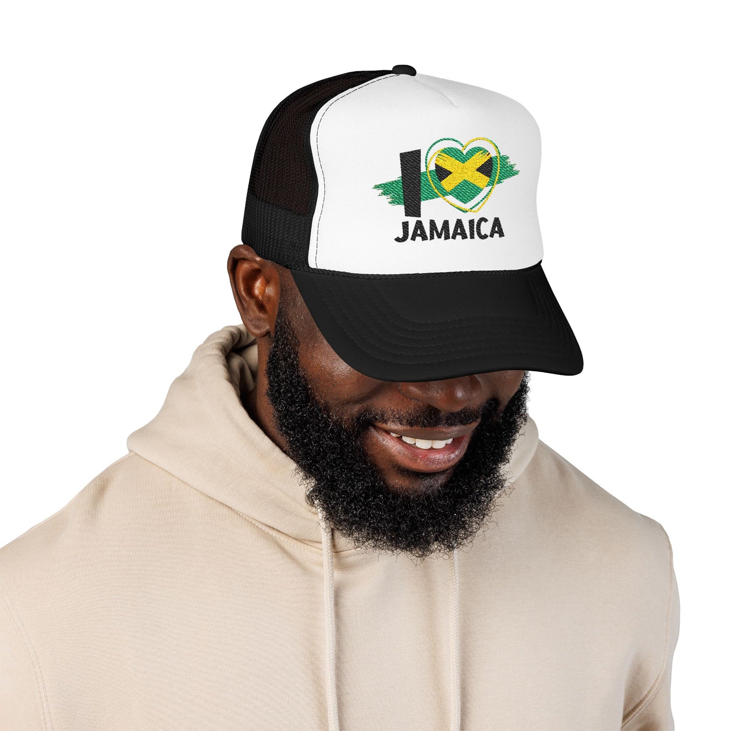 I Love Jamaica Trucker Hat | Embroidered Jamaican Flag Foam Cap